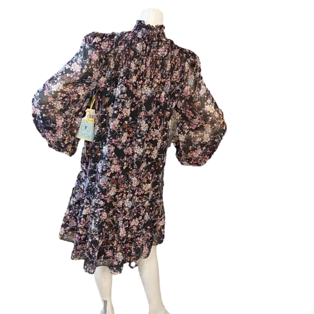 CECE NWT SMOKED NECK FLORAL LONG SLEEVES KNEE HIGH DRESS SIZE MEDIUM - Picture 3 of 6